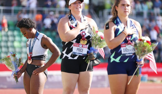 EUGENE, OREGON - JUNE 26: Gwendolyn Berry (L), third place, looks on during the playing of the national anthem with DeAnna Price (C), first place, and Brooke Andersen, second place, on the podium after the Women's Hammer Throw final on day nine of the 2020 U.S. Olympic Track & Field …
