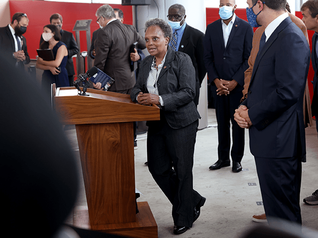 Chicago Mayor Lori Lightfoot takes a question during a press conference with Transportation Secretary Pete Buttigieg during a visit to a commuter transportation hub on July 16, 2021 in Chicago, Illinois. Buttigieg was in town to rally support for President Biden’s $1.2 trillion roads and bridges infrastructure plan. (Photo by …