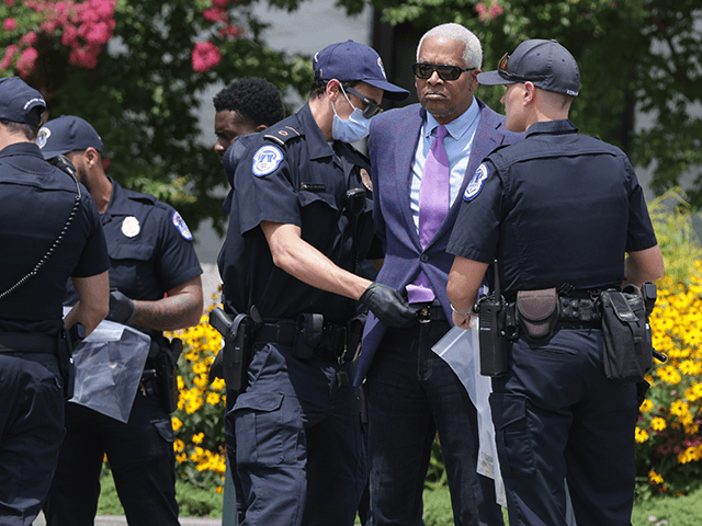U.S. Rep. Hank Johnson (D-GA) is arrested by U.S. Capitol Police during a “Brothers Day of Action on Capitol Hill” protest event outside Hart Senate Office Building on Capitol Hill July 22, 2021 in Washington, DC. Advocacy organization Black Voters Matter held the event in support of voting rights and …