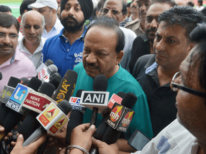 Harsh Vardhan, Indian Union Minister for Environment, Science and Technology, talks to the media after a yoga session on International Yoga Day in Amritsar on June 21, 2017. Yoga has connected the world with India, Prime Minister Narendra Modi said June 21 as he rolled his mat along with millions …