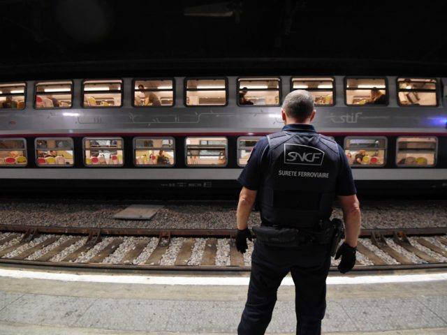 A member of the Ile de France region rail police is pictured at a subway station, on Septe