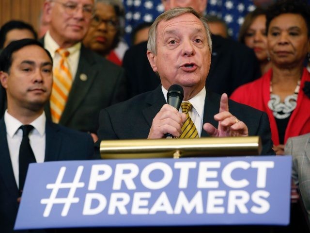 WASHINGTON, DC - SEPTEMBER 6: U.S. Sen. Dick Durbin (D-IL) speaks at a news conference about President Donald Trump's decision to end the Deferred Action for Childhood Arrivals (DACA) program at the U.S. Capitol September 6, 2017 in Washington, DC. Democrats called for action on young undocumented immigrants that came …