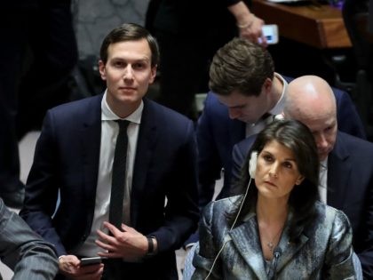 NEW YORK, NY - FEBRUARY 20: White House Senior Advisor Jared Kushner (2nd from R) takes his seat as U.S. ambassador to the United Nations Nikki Haley (R) looks on before the start of a United Nations Security Council concerning meeting concerning issues in the Middle East, at UN headquarters, …