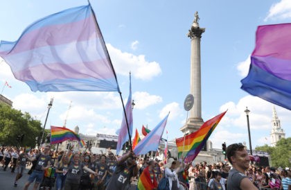 LONDON, ENGLAND - JULY 07: Parade goers in Trafalgar Square during Pride In London on July 7, 2018 in London, England. It is estimated over 1 million people will take to the streets and approximately 30,000 people and 472 organisations will join the annual parade, which is one of the …