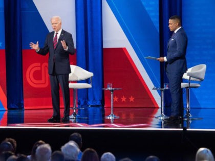 US President Joe Biden participates in a CNN Town Hall hosted by Don Lemon (R) at Mount St