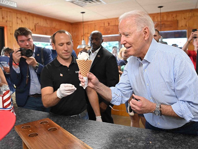 US President Joe Biden eats ice cream at Moomers Homemade Ice Cream in Traverse City, Michigan on July 3, 2021. (Photo by MANDEL NGAN / AFP) (Photo by MANDEL NGAN/AFP via Getty Images)