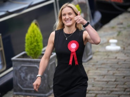 HUDDERSFIELD, ENGLAND - JULY 02: Kim Leadbeater of the Labour Party reacts to media after winning the Batley and Spen by-election on July 2, 2021 in Huddersfield, England. Due to the incumbent Labour MP, Tracey Brabin, being appointed Mayor of West Yorkshire voters of the Batley and Spen constituency are …