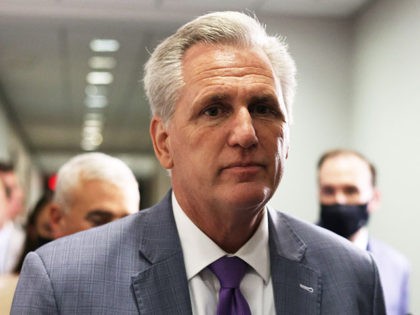 WASHINGTON, DC - JULY 28: U.S. House Minority Leader Rep. Kevin McCarthy (R-CA) arrives at a House Republican Conference meeting at the U.S. Capitol July 28, 2021 in Washington, DC. Attending Physician of the U.S. Congress Dr. Brian Monahan attended the meeting to discuss the re-imposed face mask wearing requirement …