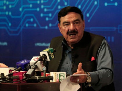 Pakistan's Interior Minister Sheikh Rashid speaks during a press conference on the brief abduction of the daughter of Afghan ambassador to Pakistan, in Islamabad on July 18, 2021. (Photo by Farooq NAEEM / AFP) (Photo by FAROOQ NAEEM/AFP via Getty Images)