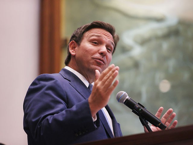 SURFSIDE, FLORIDA - JUNE 14: Florida Gov. Ron DeSantis speaks during a press conference at the Shul of Bal Harbour on June 14, 2021 in Surfside, Florida. The governor spoke about the two bills he signed HB 529 and HB 805. HB 805 ensures that volunteer ambulance services, including Hatzalah, can operate. HB 529 requires Florida schools to hold a daily moment of silence. (Photo by Joe Raedle/Getty Images)