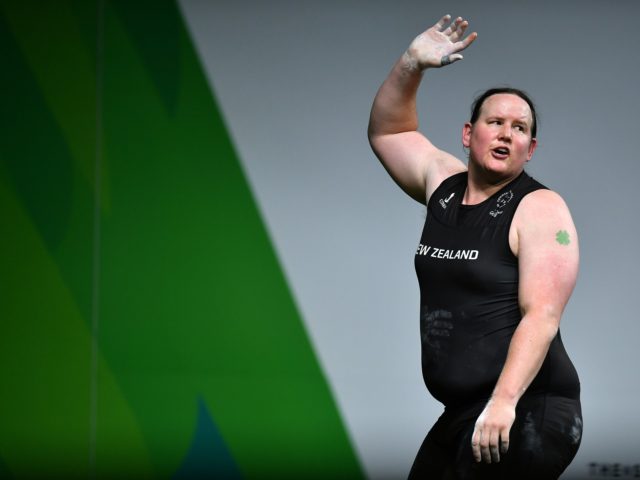 GOLD COAST, AUSTRALIA - APRIL 09: Laurel Hubbard of New Zealand waves to the crowd after a failed attempt in the Women's +90kg Final during the Weightlifting on day five of the Gold Coast 2018 Commonwealth Games at Carrara Sports and Leisure Centre on April 9, 2018 on the Gold …