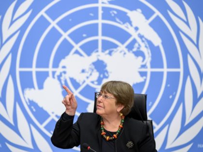 UN High Commissioner for Human Rights Michelle Bachelet gestures at a press conference on