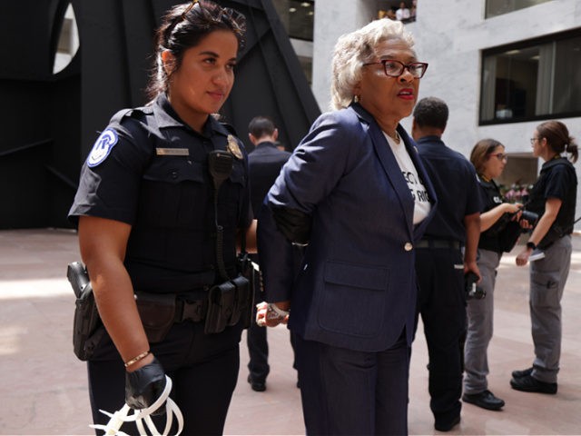 WASHINGTON, DC - JULY 15: U.S. Rep. Joyce Beatty (D-OH) (2nd L) and Chair of Congressional Black Caucus (CBC), is led away by a member of the U.S. Capitol Police during a protest at Hart Senate Office Building July 15, 2021 on Capitol Hill in Washington, DC. The activists participate …