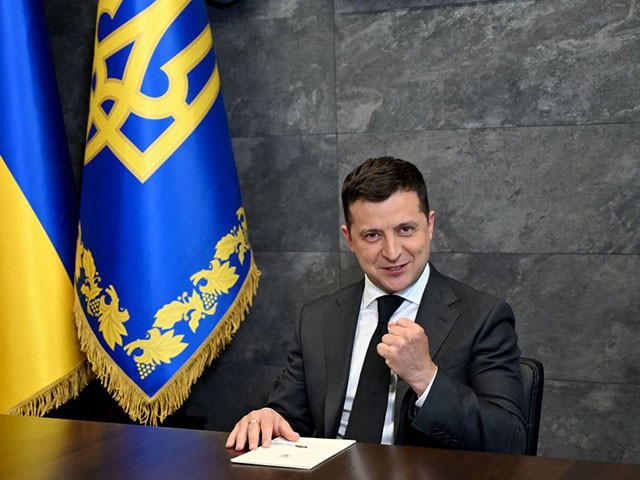 Ukrainian President Volodymyr Zelensky talks to journalists in his office in Kiev on June 14, 2021 before his interview for three international agencies, including AFP, prior to a summit with US President Joe Biden and Russian President Vladimir Putin on June 16. (Photo by Sergei SUPINSKY / AFP) (Photo by SERGEI SUPINSKY/AFP via Getty Images)