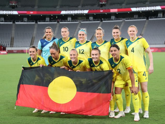 (From L, front) Australia's forward Hayley Raso, Australia's forward Kyah Simon, Australia