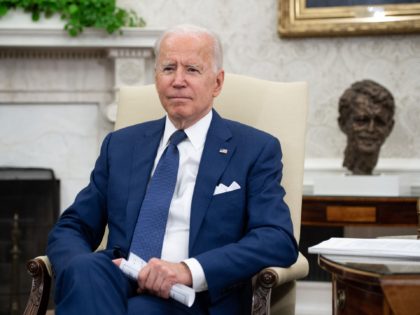 US President Joe Biden looks on during a meeting with Iraqi Prime Minister Mustafa Al-Kadh