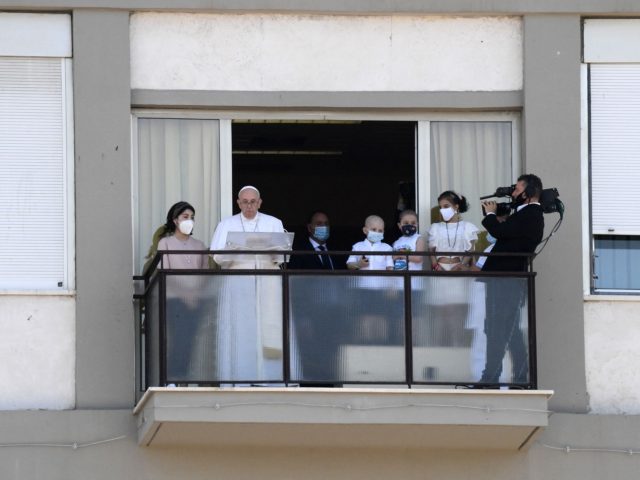 Pope Francis leads the Sunday's Angelus prayer from the Gemelli Hospital, in Rome, on July