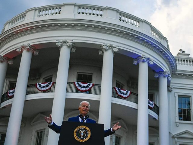 US President Joe Biden speaks during Independence Day celebrations on the South Lawn of th