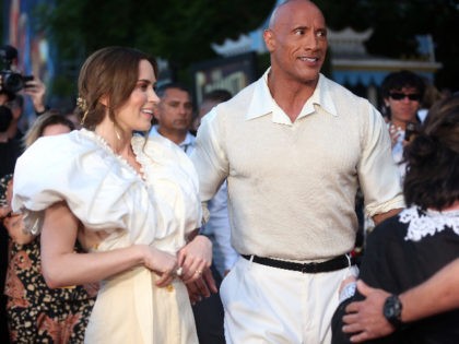 ANAHEIM, CALIFORNIA - JULY 24: (L-R) Emily Blunt and Dwayne Johnson attend the World Premiere Of Disney's "Jungle Cruise" at Disneyland on July 24, 2021 in Anaheim, California. (Photo by Phillip Faraone/Getty Images)