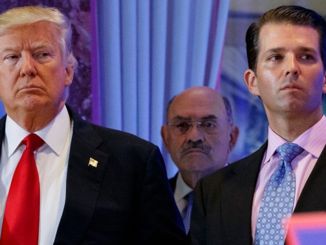 FILE - This file photo from Wednesday Jan. 11, 2017, shows President-elect Donald Trump, left, his chief financial officer Allen Weisselberg, center, and his son Donald Trump Jr., right, during a news conference at Trump Tower in New York. Prosecutors in New York are expected to bring the first criminal …