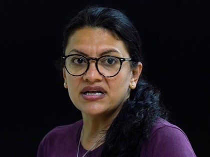U.S. Rep. Rashida Tlaib, D-Mich., addresses the media during a visit to the Water Resource Recovery Facility, Thursday, July 8, 2021, in Detroit. (AP Photo/Carlos Osorio)