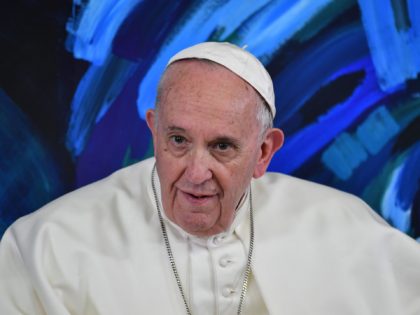 Pope Francis takes part in a global live video conference at the headquarters of the Pontifical Foundation for Education "Scholas Occurrentes" in Rome on March 21, 2019, during the launch of the international computer science peace project "Planning for Peace". (Photo by Andreas SOLARO / POOL / AFP) (Photo by …