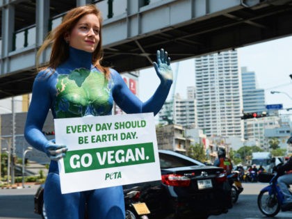 People for the Ethical Treatment of Animals (PETA) campaigner Ashley Fruno holds a sign encouraging people to go vegan whilst painted as Mother Earth at a intersection in Bangkok on April 21, 2016. PETA are promoting a plant-based diet in an effort to combat climate change and the depletion of …