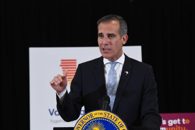 Los Angeles Mayor Eric Garcetti, seen speaking to media in April 2021, has been tapped as