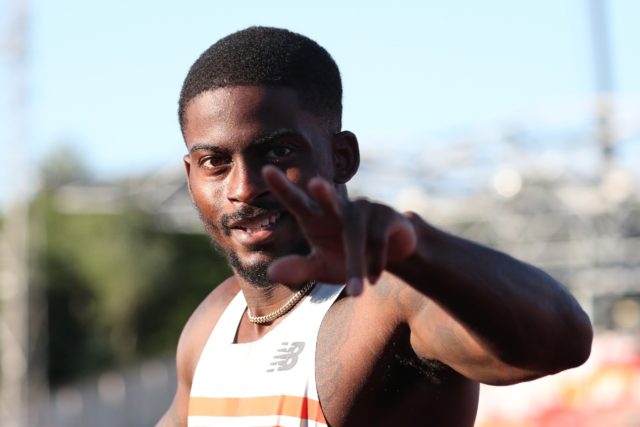 American sprinter Trayvon Bromell celebrates victory in the men's 100m at the British Gran