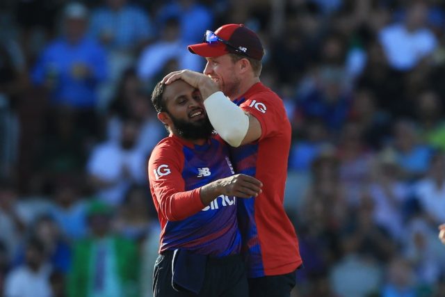 Career-best - Adil Rashid (L) celebrates dismissing Pakistan captain Babar Azam during Eng