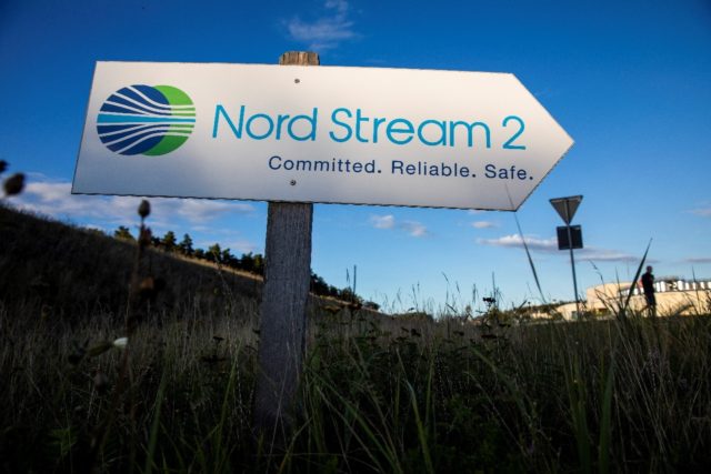 A road sign directs traffic towards the Nord Stream 2 gas line landfall facility entrance