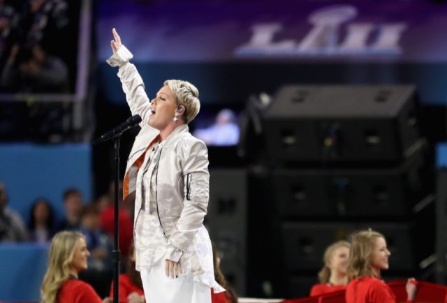 Pink singing the US national anthem at the Super Bowl in February 2018 in Minneapolis, Min