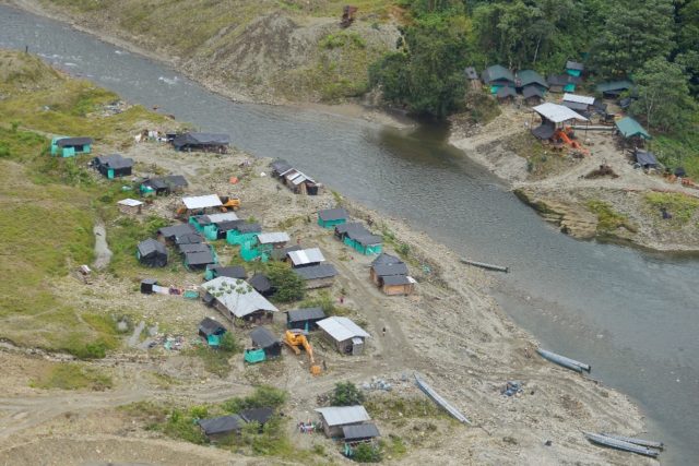 This aerial view shows a camp of an illegal gold mine along of Timbiqui River, departament