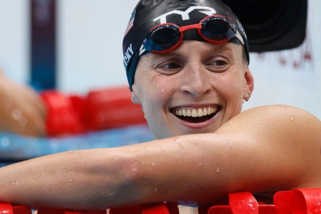 Katie Ledecky reacts after winning Olympic gold in the 800m freestyle