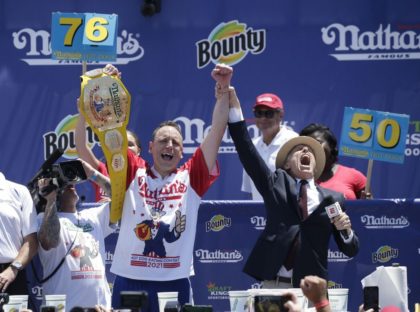 Joey Chestnut relishes Nathan’s record 76 hot dogs in 10 minutes
