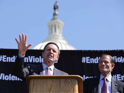 WASHINGTON, DC - SEPTEMBER 25: Sen. Chris Murphy (D-CT) (L) and Sen. Richard Blumenthal (D-CT) address the National Rally to End Gun Violence on the West Lawn of the U.S. Capitol September 25, 2019 in Washington, DC. George Scott was shot and killed in San Francisco in 1999. Organized by …