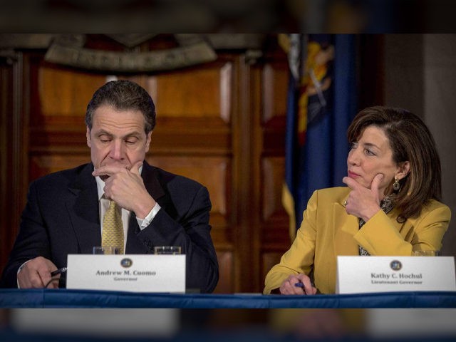 FILE - This photo from Wednesday, Feb. 25, 2015, shows New York Gov. Andrew Cuomo, left, and Lt. Gov. Kathy Hochul during a cabinet meeting at the Capitol in Albany, N.Y. Leaders in the state Assembly announced an impeachment investigation against Cuomo over allegations of sexual harassment, if successful, Hochul …