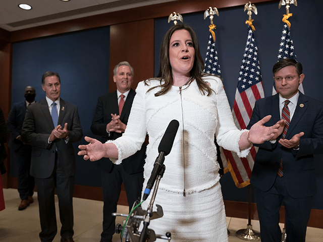 Rep. Elise Stefanik, R-N.Y., speaks to reporters at the Capitol in Washington, Friday, May 14, 2021, just after she was elected chair of the House Republican Conference, replacing Rep. Liz Cheney, R-Wyo., who was ousted from the GOP leadership for criticizing former President Donald Trump. She is joined by, from …