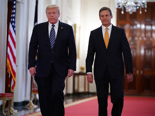 US President Donald Trump and Tennessee Governor Bill Lee arrive to speak on protecting Americas seniors from the COVID-19 pandemic in the East Room of the White House in Washington, DC on April 30, 2020. (Photo by MANDEL NGAN / AFP) (Photo by MANDEL NGAN/AFP via Getty Images)