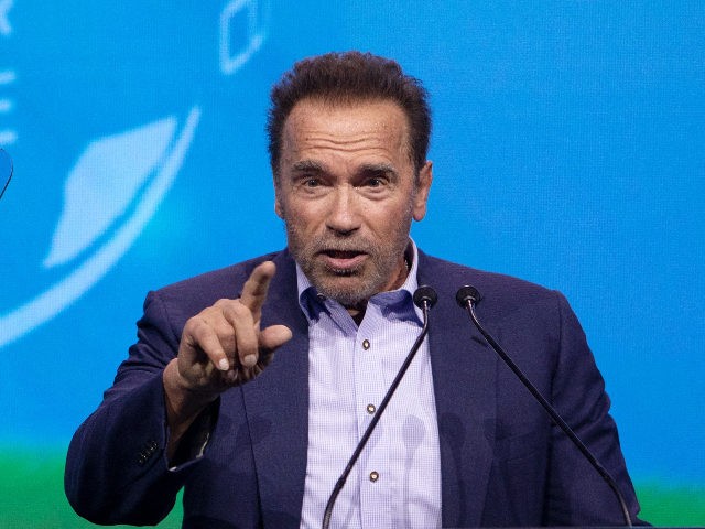 Austrian-US actor and former US politician Arnold Schwarzenegger speaks on stage during the fifth "Austrian World Summit 2021" on current climate issues, at the Spanish Riding School in Vienna, on July 1, 2021. (Photo by ALEX HALADA / AFP) (Photo by ALEX HALADA/AFP via Getty Images)