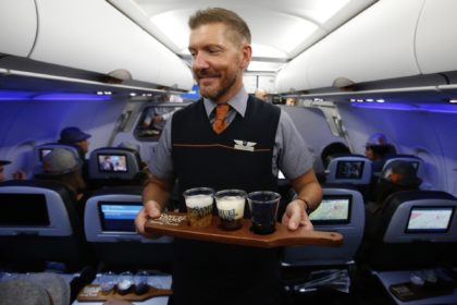 A flight of Samuel Adams beers from "Flytoberfest," the first-ever "Inflight Beer Flight," on a JetBlue plane from New York City to Denver for the Great American Beer Festival®, Thursday, Oct. 5, 2017. (Jason DeCrow/AP Images for JetBlue)