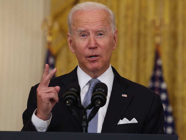 WASHINGTON, DC - AUGUST 16: U.S. President Joe Biden gestures as he gives remarks on the worsening crisis in Afghanistan from the East Room of the White House August 16, 2021 in Washington, DC. Biden cut his vacation in Camp David short to address the nation as the Taliban have …
