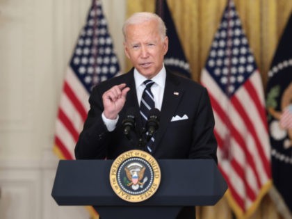WASHINGTON, DC - AUGUST 18: U.S. President Joe Biden gestures as he delivers remarks on th