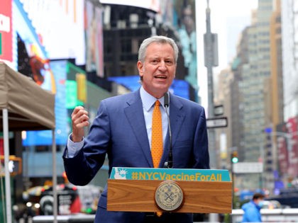 April 12, 2021; New York, NY, USA; New York City Mayor Bill de Blasio talks about the reopening of Broadway theaters as well as a just opened COVID-19 vaccination site for theater, film, TV workers in Times Square in Manhattan April 12, 2021. Mayor de Blasio was joined by actor, …