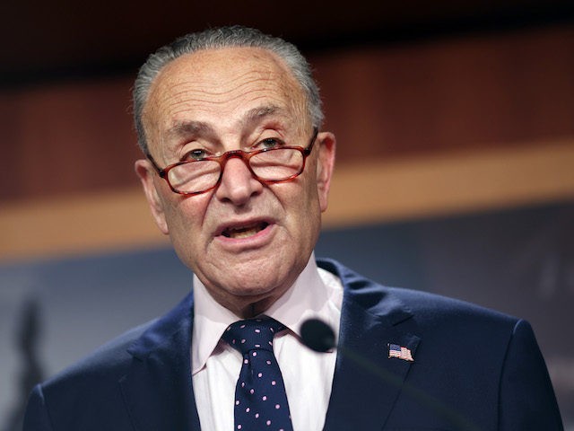 WASHINGTON, DC - AUGUST 11: Senate Majority Leader Charles Schumer (D-NY) speaks on the passage of the bipartisan infrastructure bill, during a news conference at the U.S. Capitol on August 11, 2021 in Washington, DC. The sweeping $1.2 trillion bipartisan bill will dedicate funds to repairing and improving roads, bridges, …