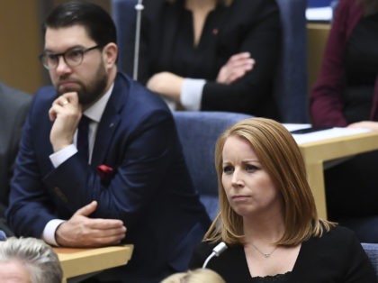 Leader of the Centre Party, Annie Loof (R) and leader of the Sweden Democrats, Jimmie Åke
