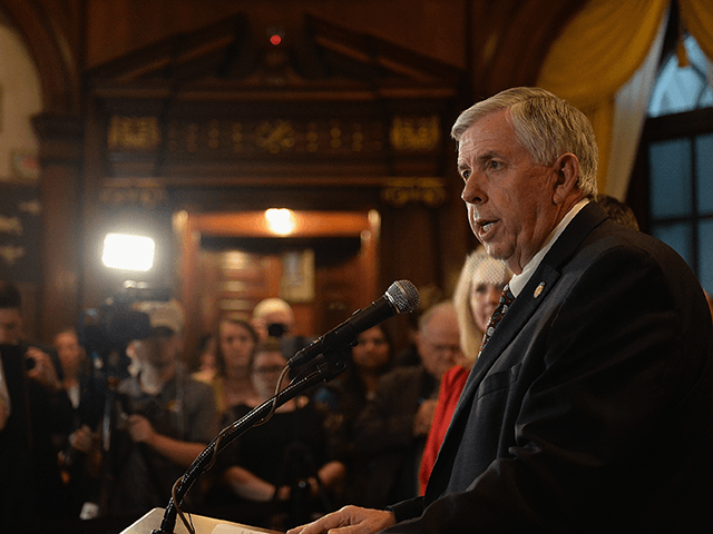Missouri Governor Mike Parson addresses the media on the last day of legislative session at the Missouri State Capitol Building on May 17, 2019 in Jefferson City, Missouri. Tension and protest arose after the Missouri House of Representatives passed a bill to ban abortions after 8 weeks of pregnancy. (Photo …