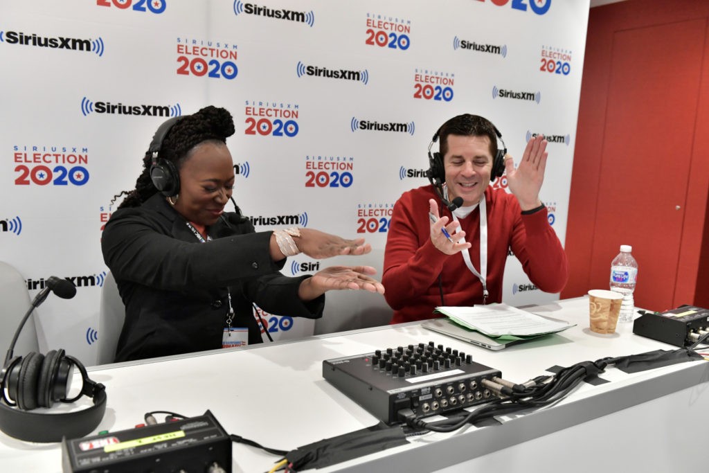 Sirius XM on air host Dean Obeidallah interviews MSNBC's Joy Reid at the DoubleTree by Hilton on February 10, 2020 in Manchester, New Hampshire. (Photo by Paul Marotta/Getty Images for SiriusXM)