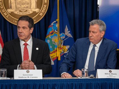 New York state Gov. Andrew Cuomo and New York City Mayor Bill DeBlasio speak during a news conference on the first confirmed case of COVID-19 in New York on March 2, 2020 in New York City. A female health worker in her 30s who had traveled in Iran contracted the …