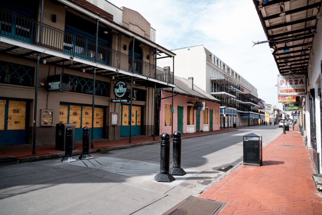 Typically filled with people, Bourbon Street is seen nearly empty on the first day of Jazz Fest 2020, in New Orleans, Louisiana on April 23, 2020. New Orleans Mayor Latoya Cantrell recommended the cancellation of all festivals and large events in the city for the remainder of 2020 due to the Covid-19 outbreak. (CLAIRE BANGSER/AFP via Getty Images)